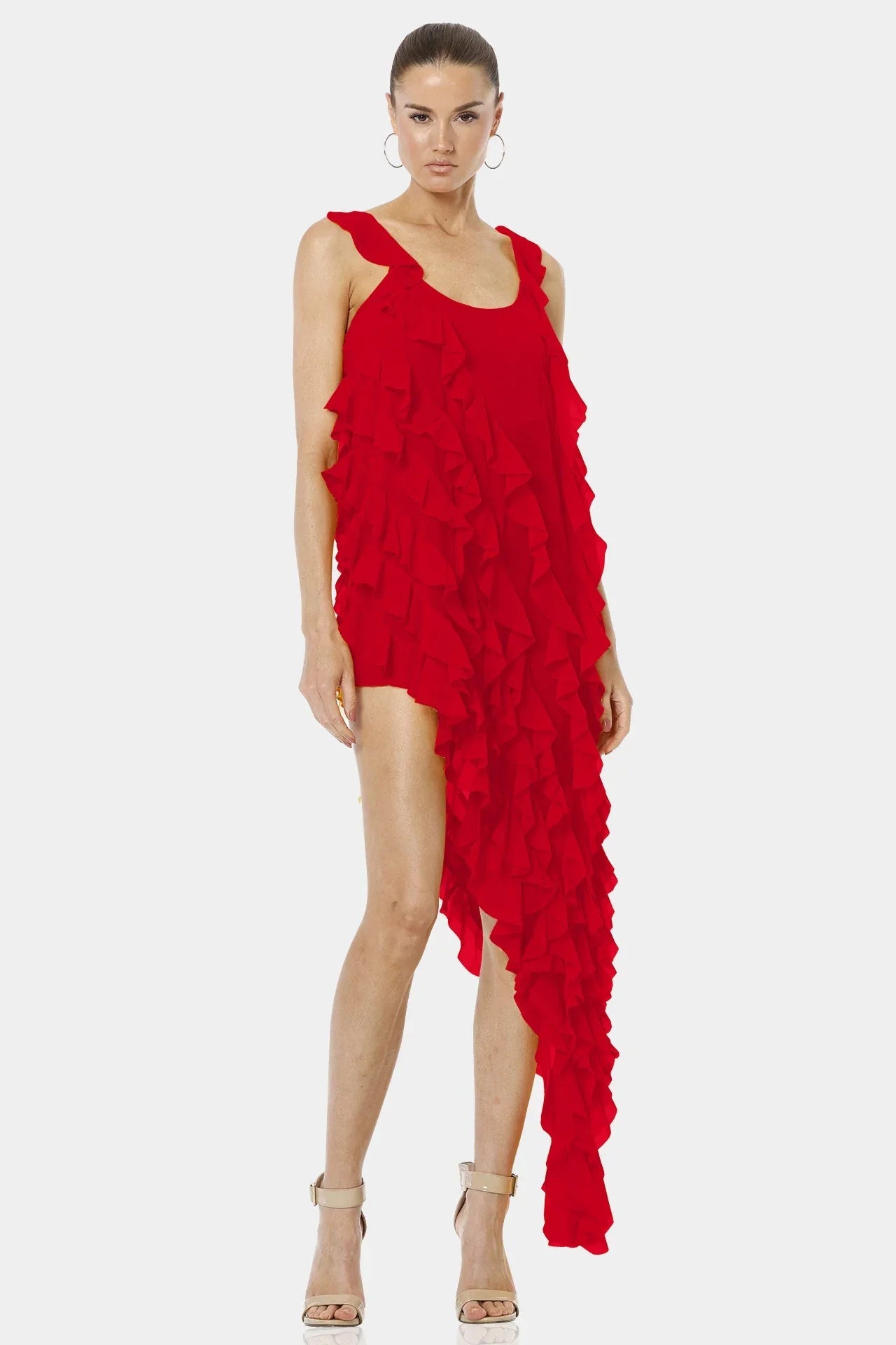 red frilly dresses S Carmen Flaming Red Sleeveless Dress Long Ruffled Overlay