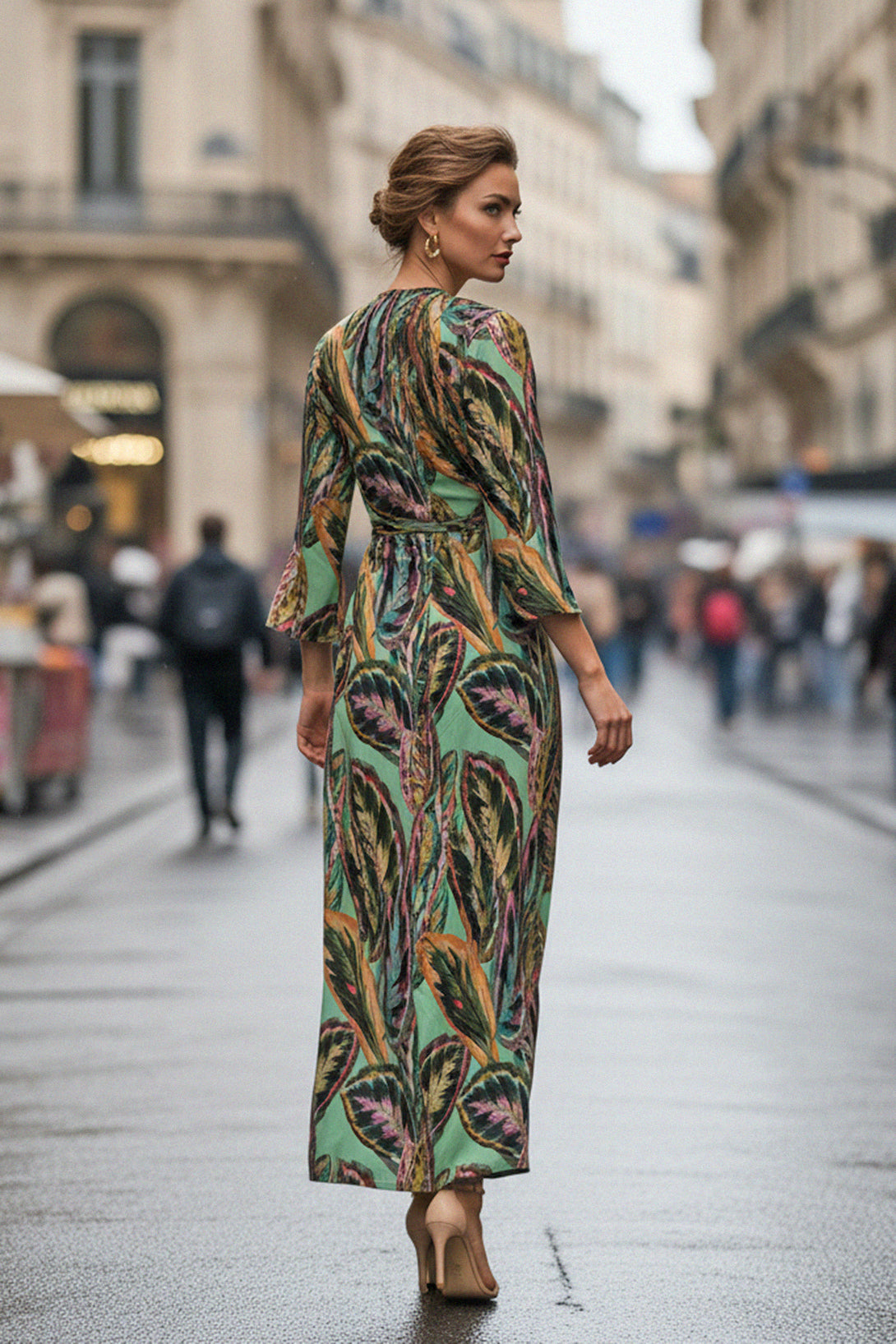 leaf print dress green Monstera Leaf Midi Dress with Pockets: Long Sleeve Floral Plant Lover Dress