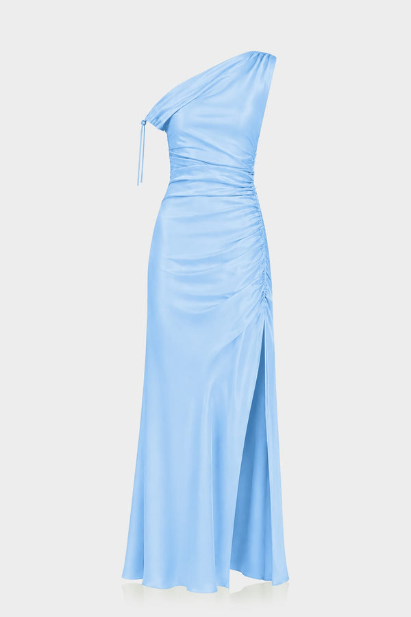 stretch beach dress S Elegant Sky Blue One Shoulder Gathered Satin Maxi for Weddings Color:Mustard Yellow Blue and White Dress High Split The dress flows beautifully