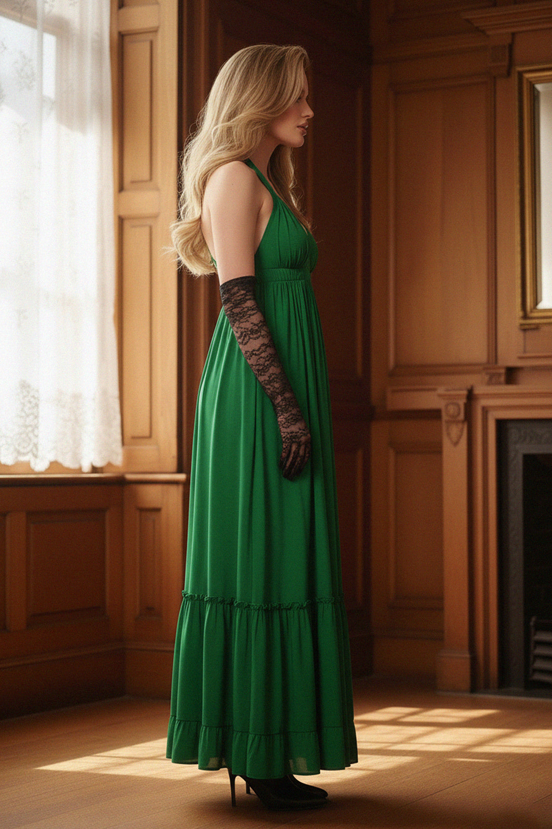 Shahida Parides, right pose, beautiful dress, luxury fashion, modern glamour, elegant attire, designer creation, premium aesthetic, formal evening wear, stylish composition, couture style, timeless look, graceful design