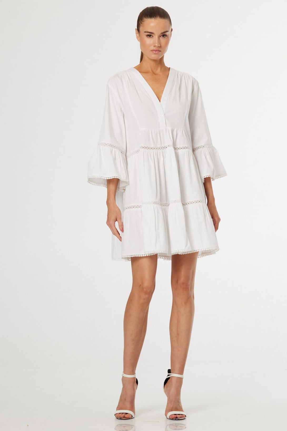 bell sleeve white mini dress S Luxury Voile & Guipure Lace Tiered with Sleeves for Resort Escapes and romantic summer occasion colour:Light Pink MKTGTier: Lady Gaga Wore Matières