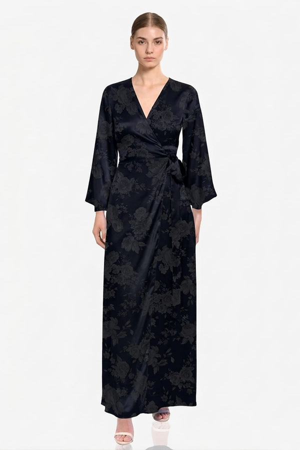 Black Satin Wrap Maxi Dress