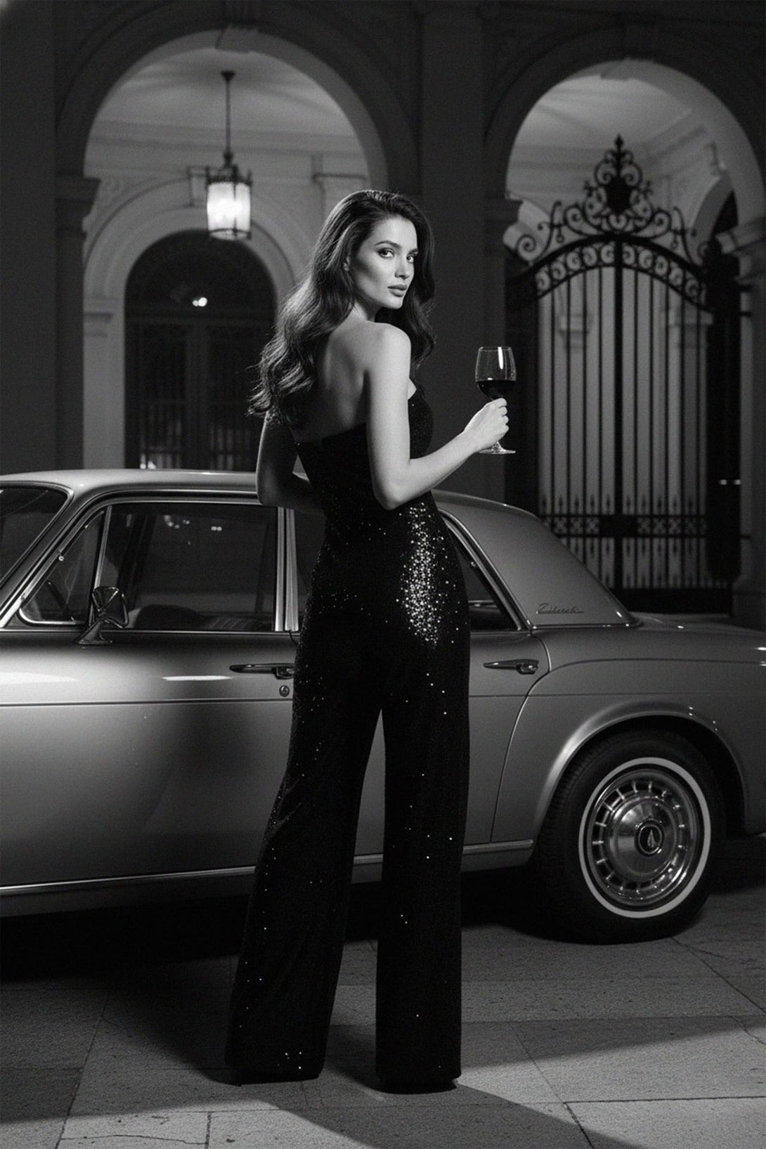 Party outfit flat lay featuring black strapless sequin jumpsuit, Shahida,