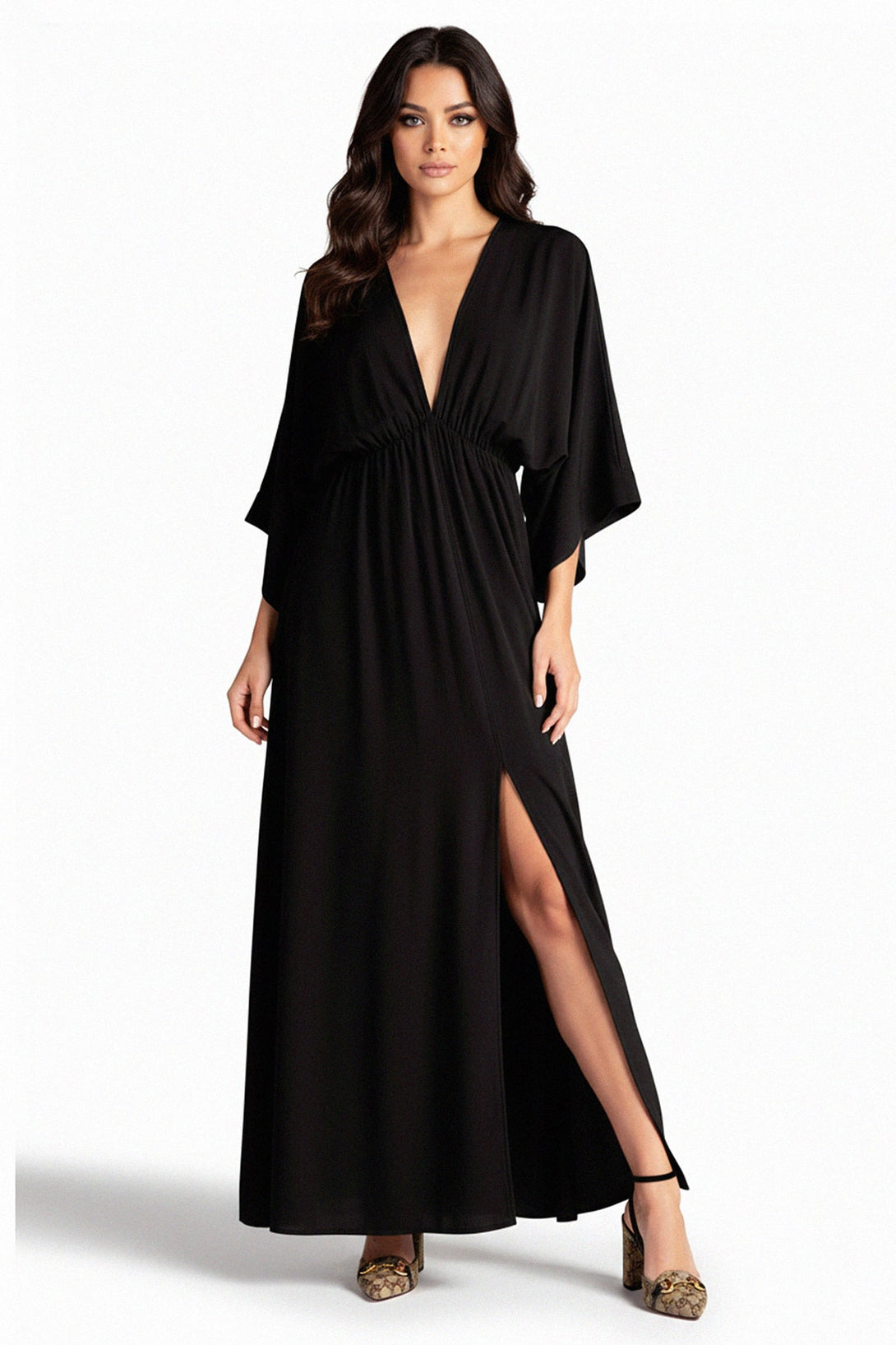 black deep V slit maxi dress for women, shahida