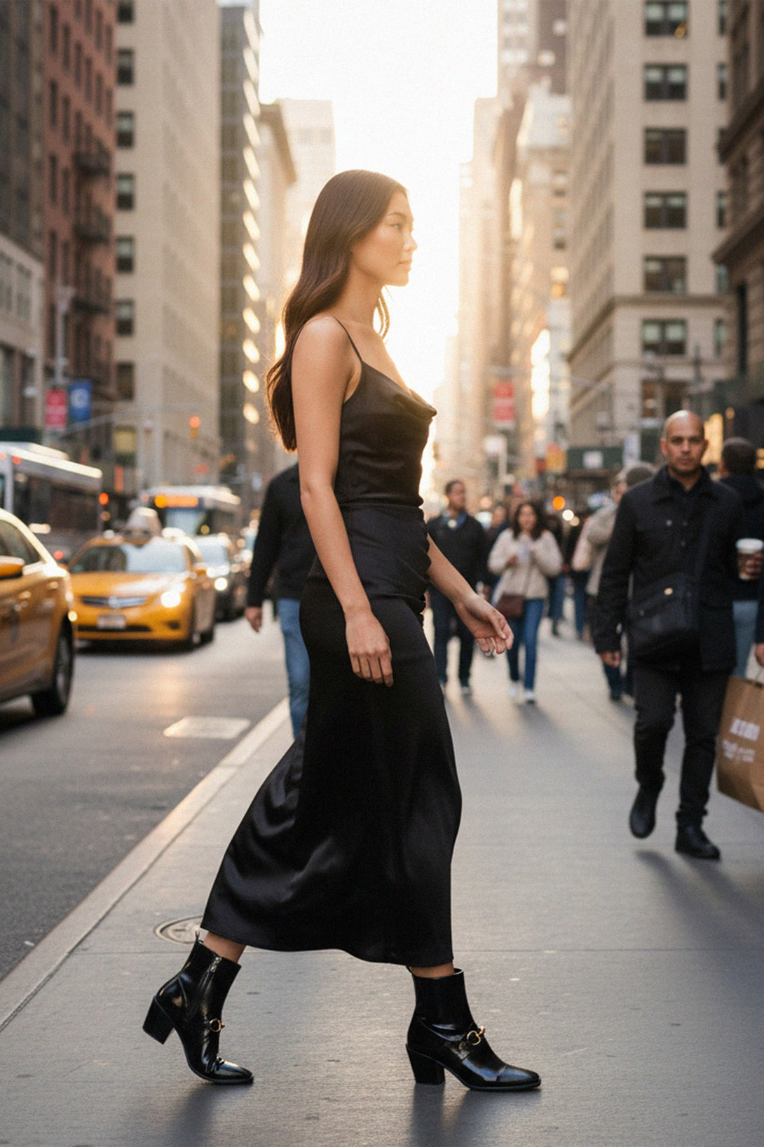 sleek black satin party dress shahida