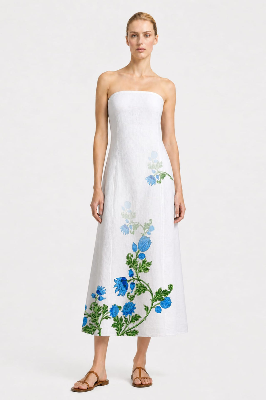 S Blue and White Floral Strapless Destination Wedding Guest Dresses for Beach Weddings