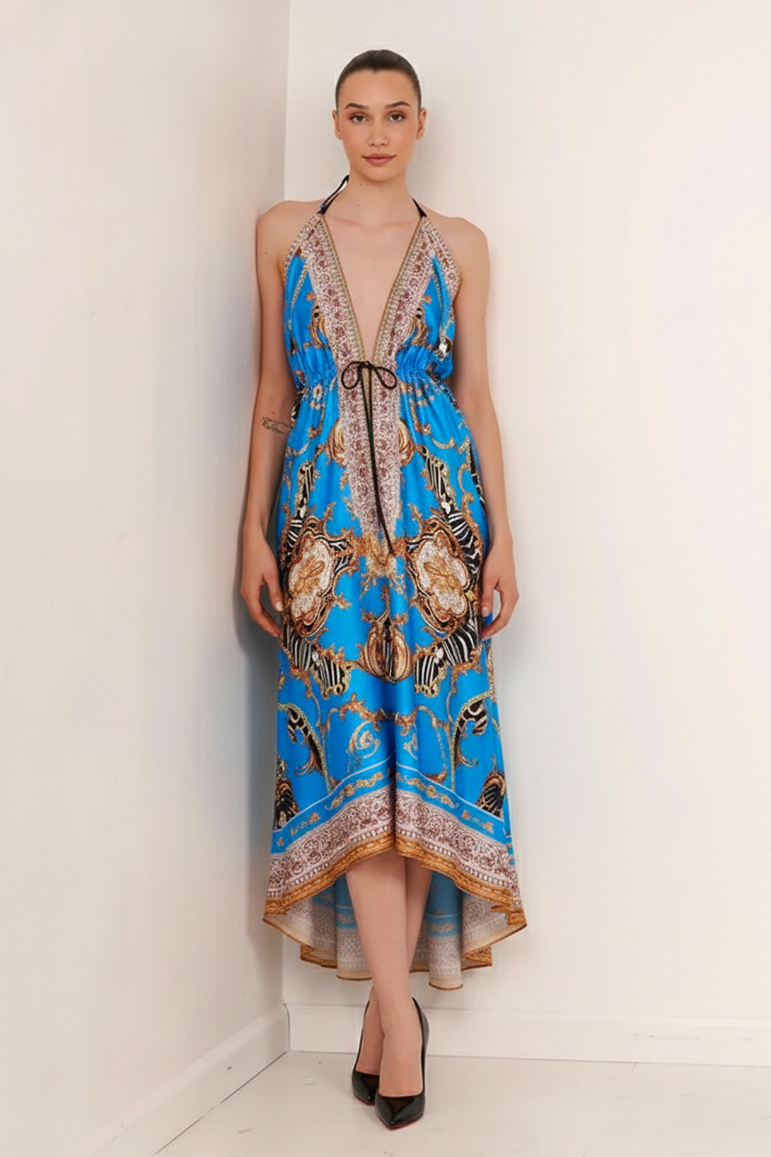 Azure Blue Baroque Scarf Print Halter Maxi Dress | Shahida Shahida Parides Azure Blue Baroque Scarf Print Halter Maxi Dress | Shahida Shahida Parides