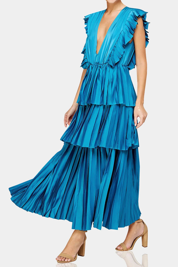 V-Neck Pleated Ruffle Maxi Dress