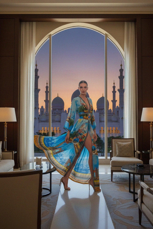 Blue V Neck Full Sleeve Long Dress