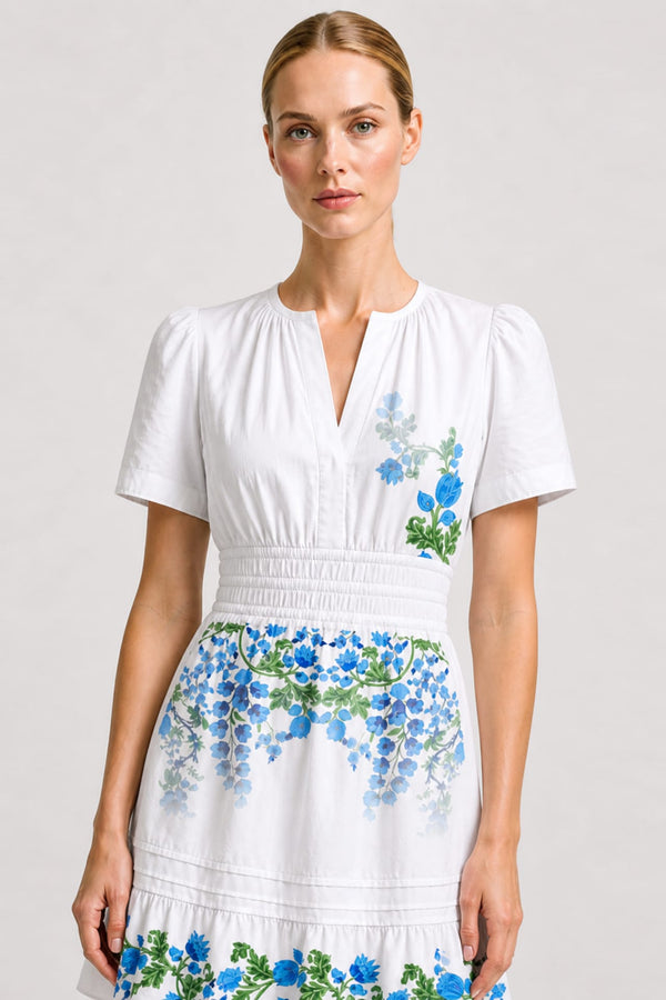 S Blue & White Floral Organic Cotton Poplin Mini Dress for Mediterranean Summer Escapes S Blue & White Floral Organic Cotton Poplin Mini Dress for Mediterranean Summer Escapes