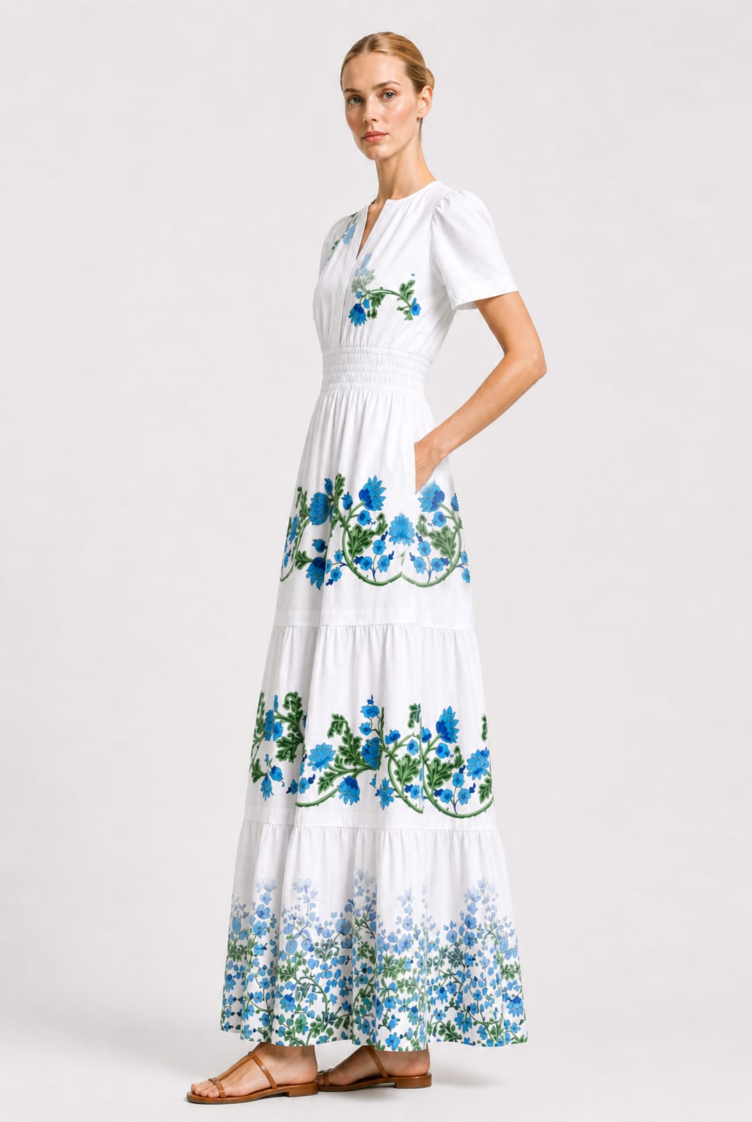 Luxury Blue & White Floral Resort Maxi Dress for European Summer – Shahida Parides