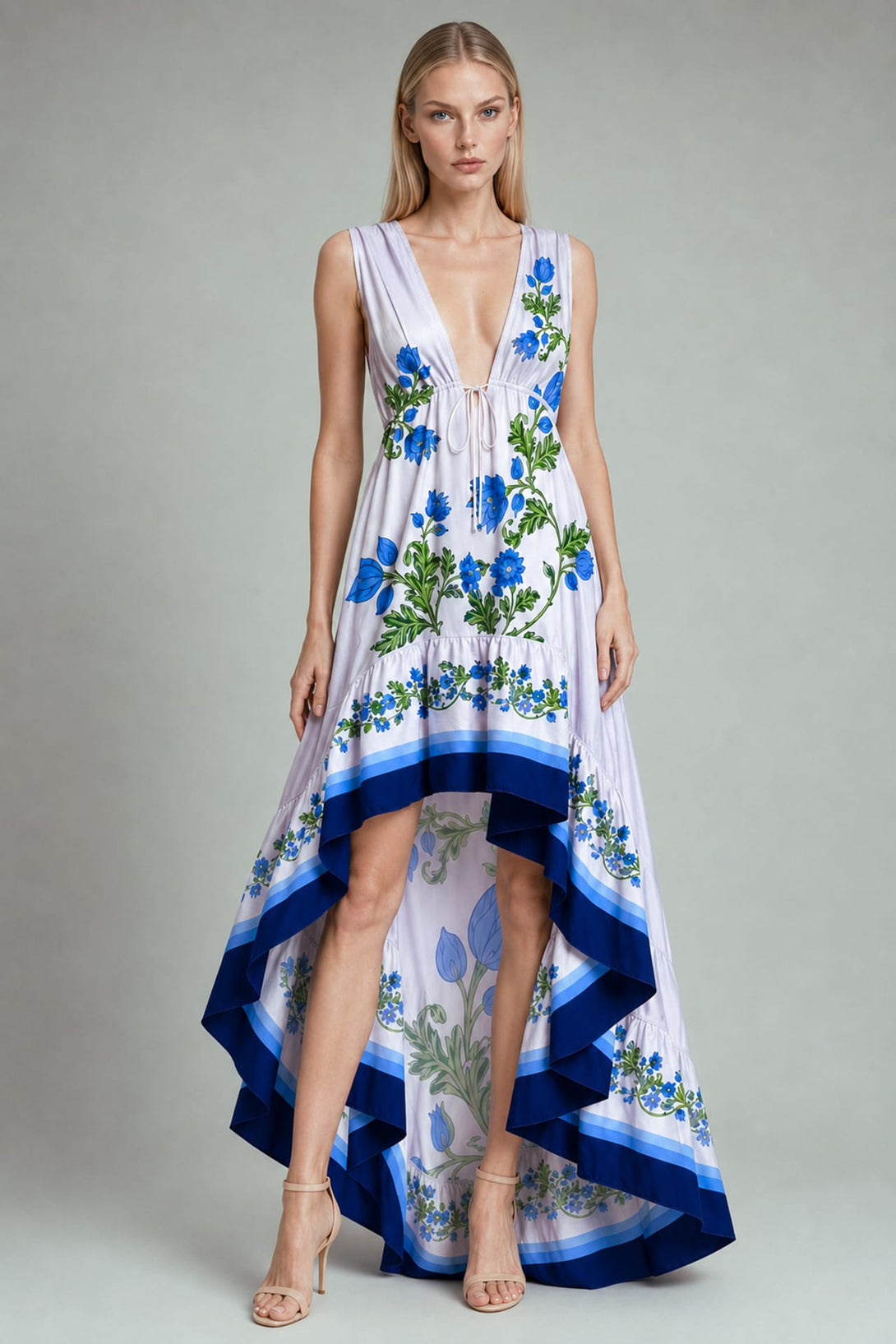 blue floral designer dress S High-Low Maxi with Deep V Neckline tier skirt Built Style_Maternity Lulus | White Floral Size:36W34L