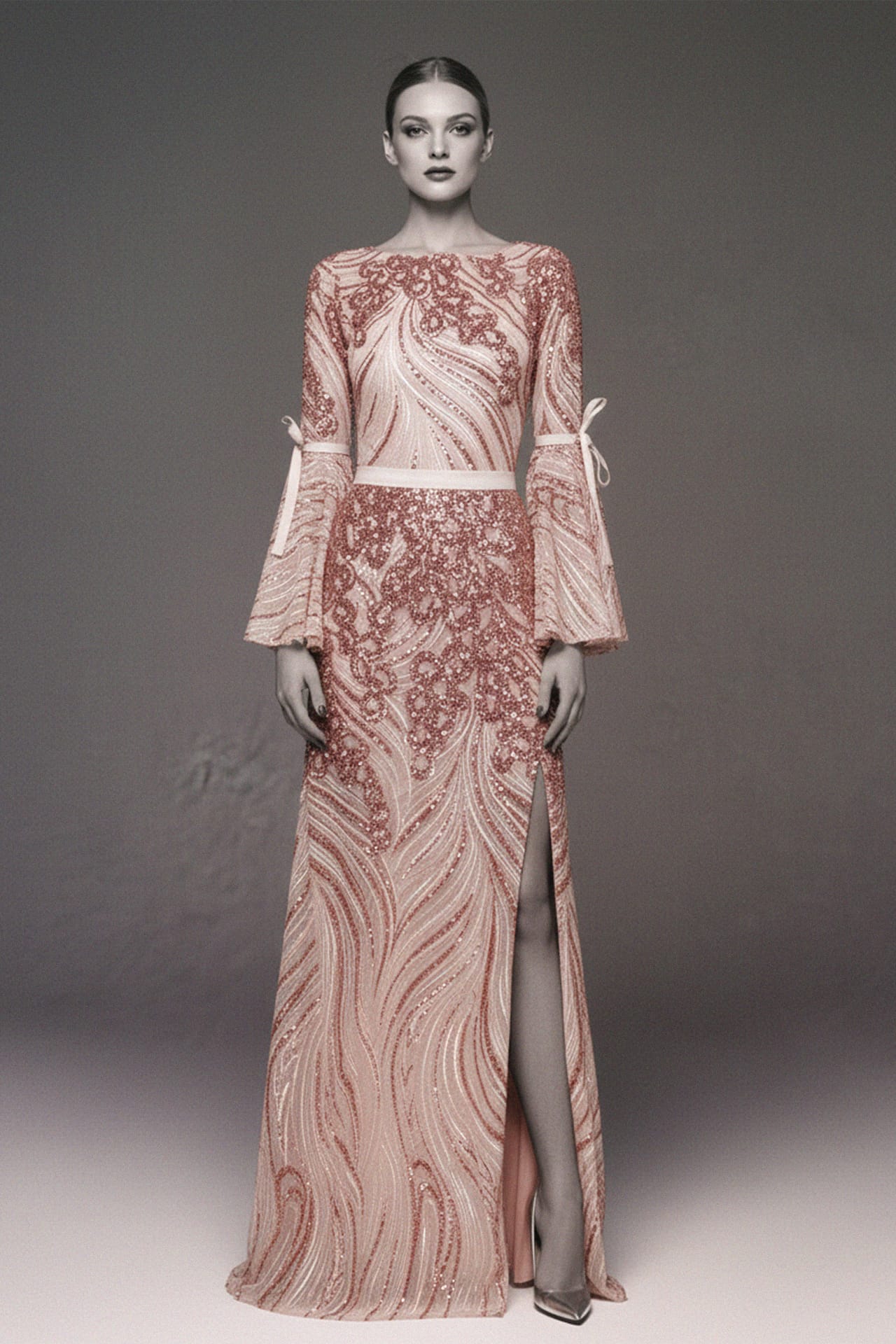 Bell Sleeves Gown with Bow Tie in Blush, Shahida,