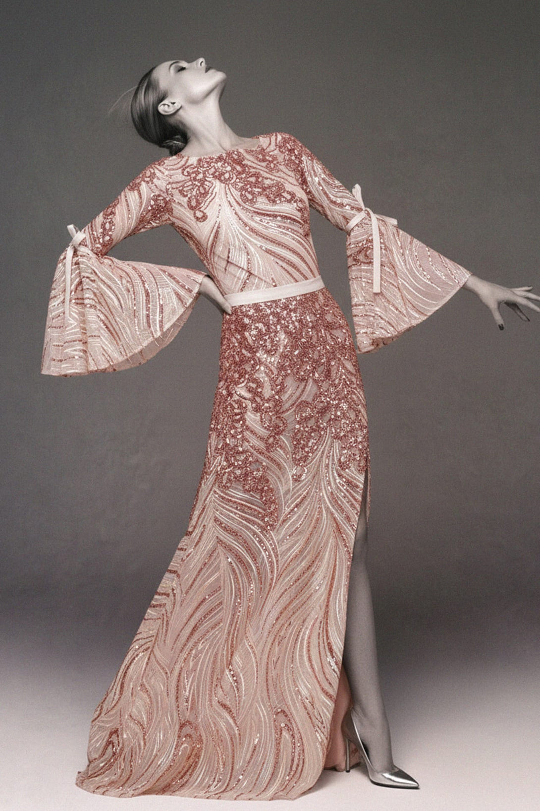 Blush Satin Bow Tie Bell Sleeve Dress, Shahida,