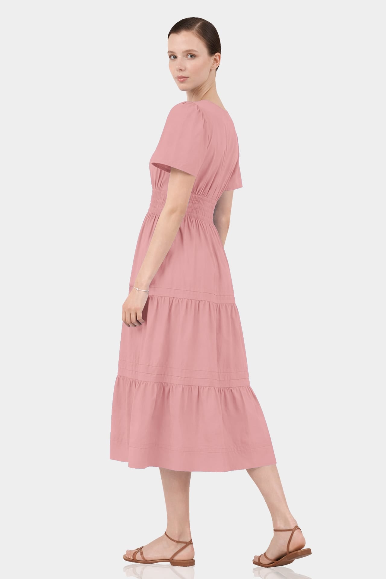 Standard / S Dusty Rose Tiered Hem Cotton Midi Dress – Travel-Friendly Midi Dress