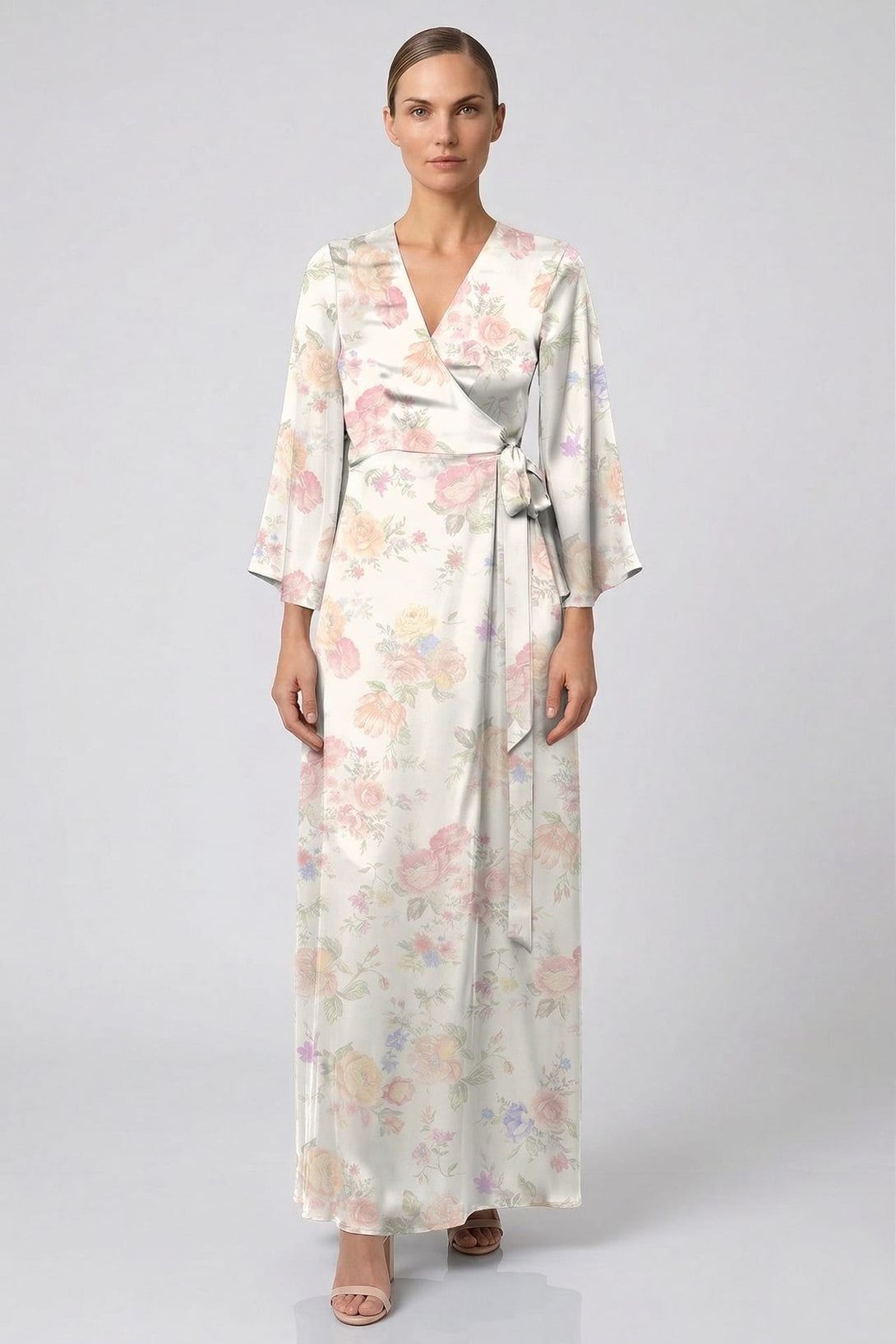 bridal shower guest dress Ivory Floral Satin Wrap Dress