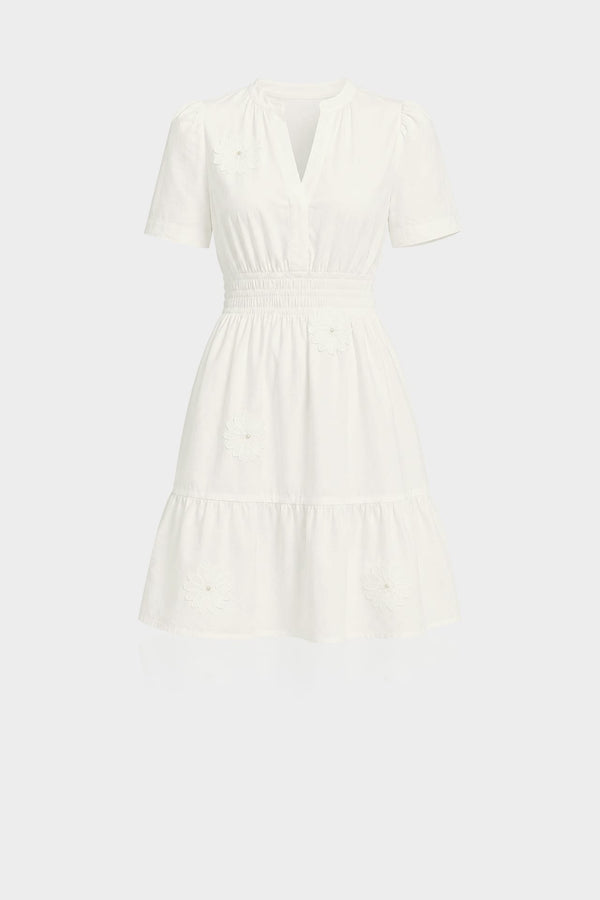 S Ivory 3D Floral Appliqué Bridal Shower Mini Dress – Smocked Waist Mini Dress