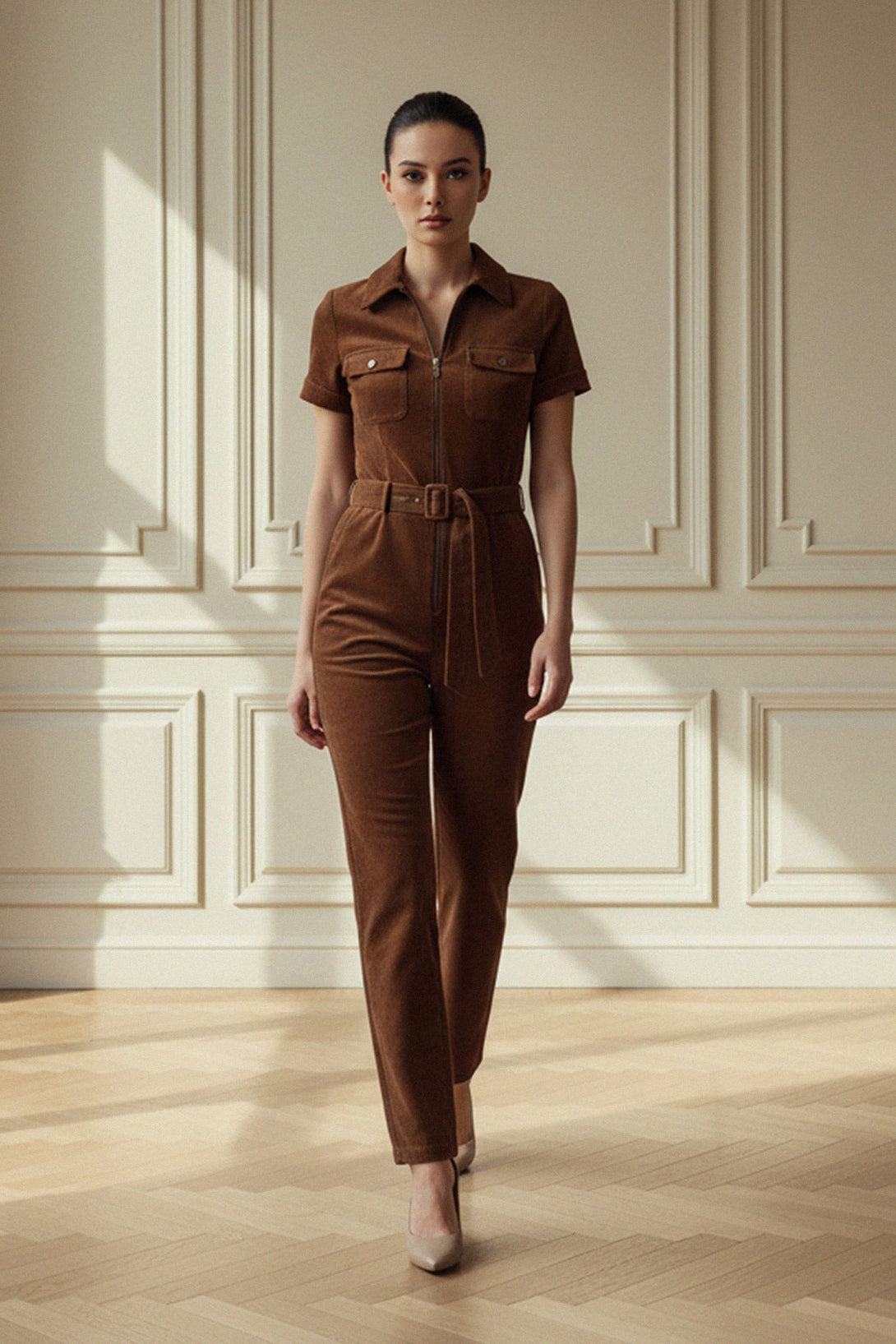 Woman wearing a brown corduroy belted jumpsuit walking outdoors, shahida