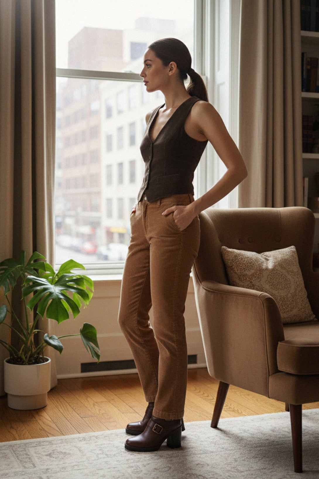 Woman wearing brown corduroy slim fit pants indoors, shahida