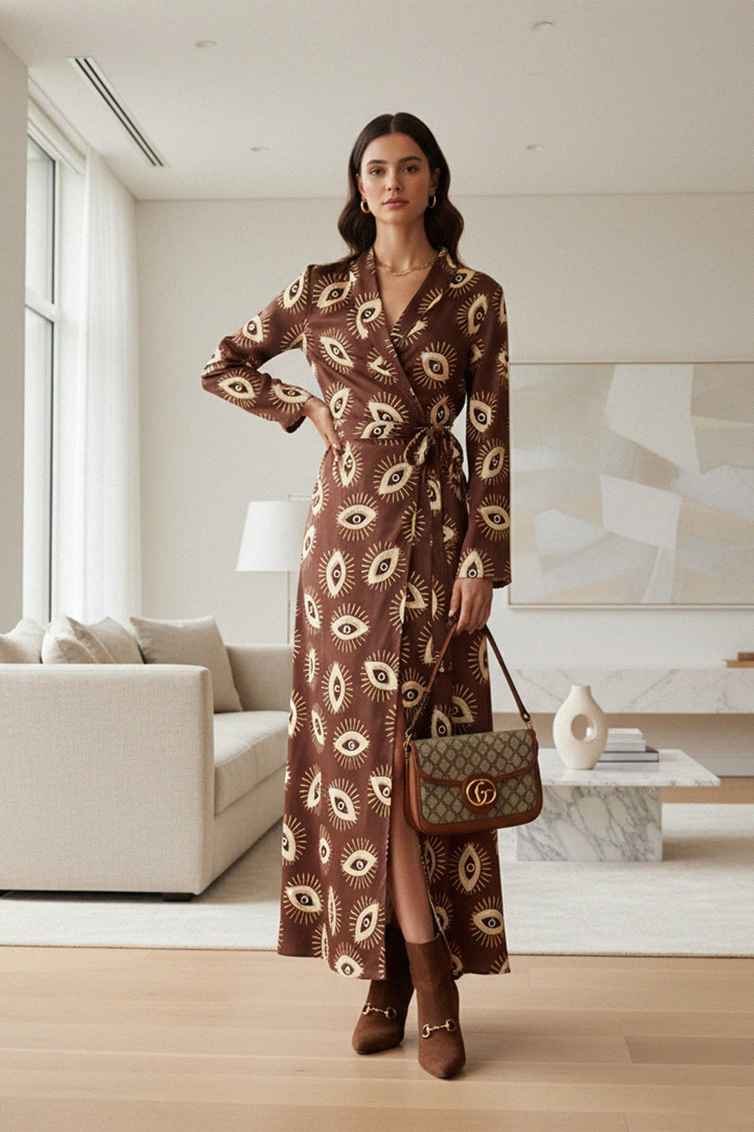 Shahida Parides inspired brown wrap dress with artistic evil eye print