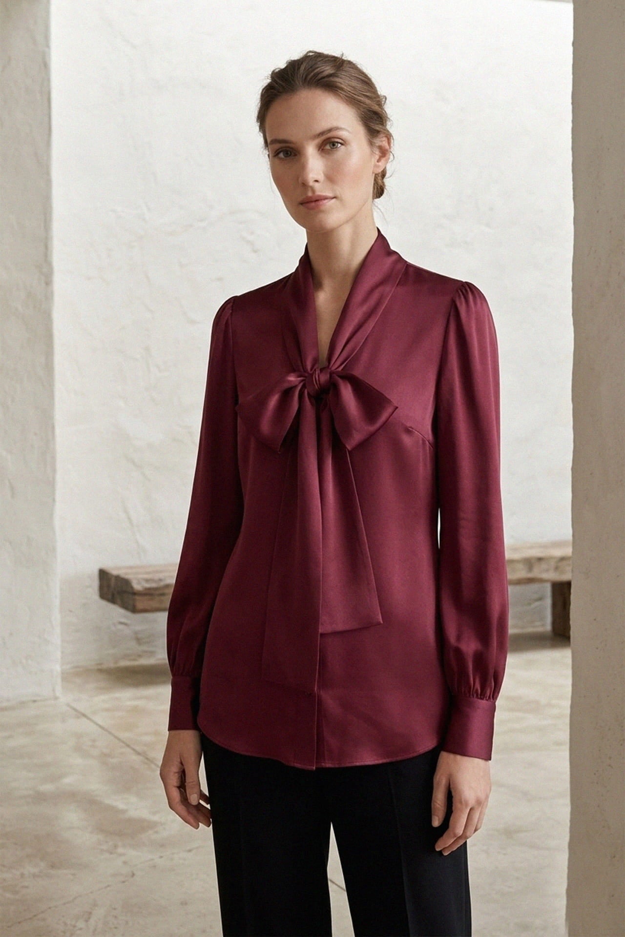 Burgundy Scarf Tie Neck Satin Blouse | Shahida – Shahida Parides