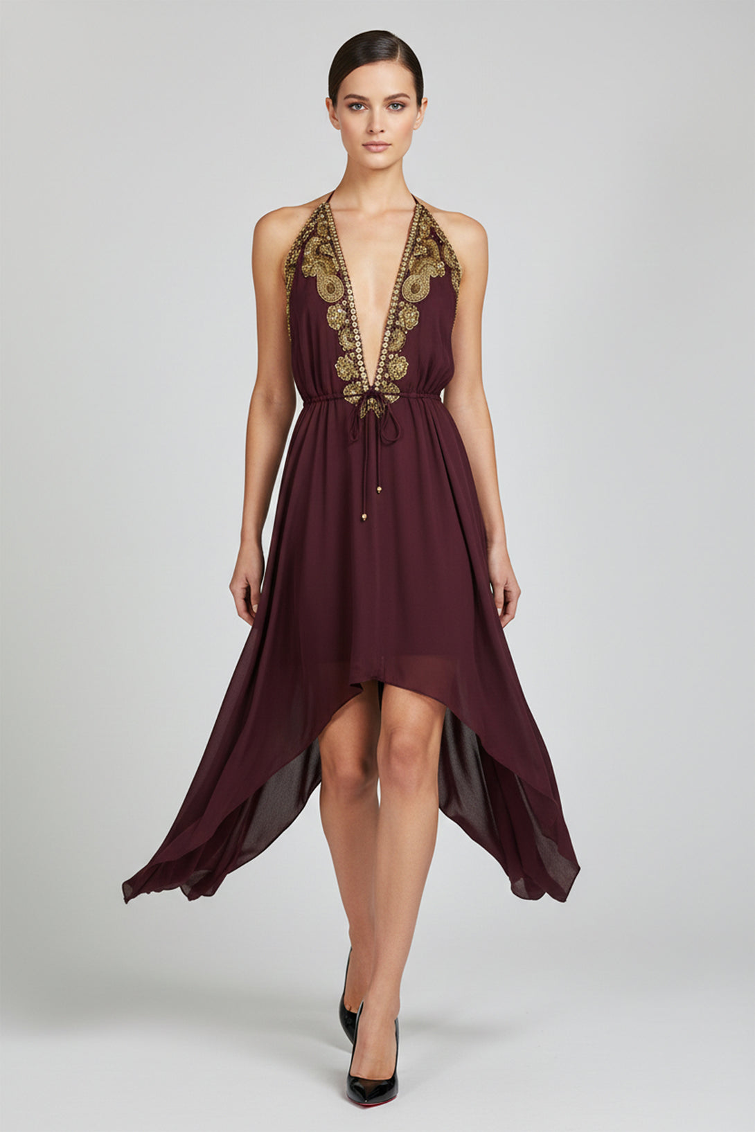 green emerald velvet dress Burgundy Hand-Embroidered Handkerchief Hem Dress