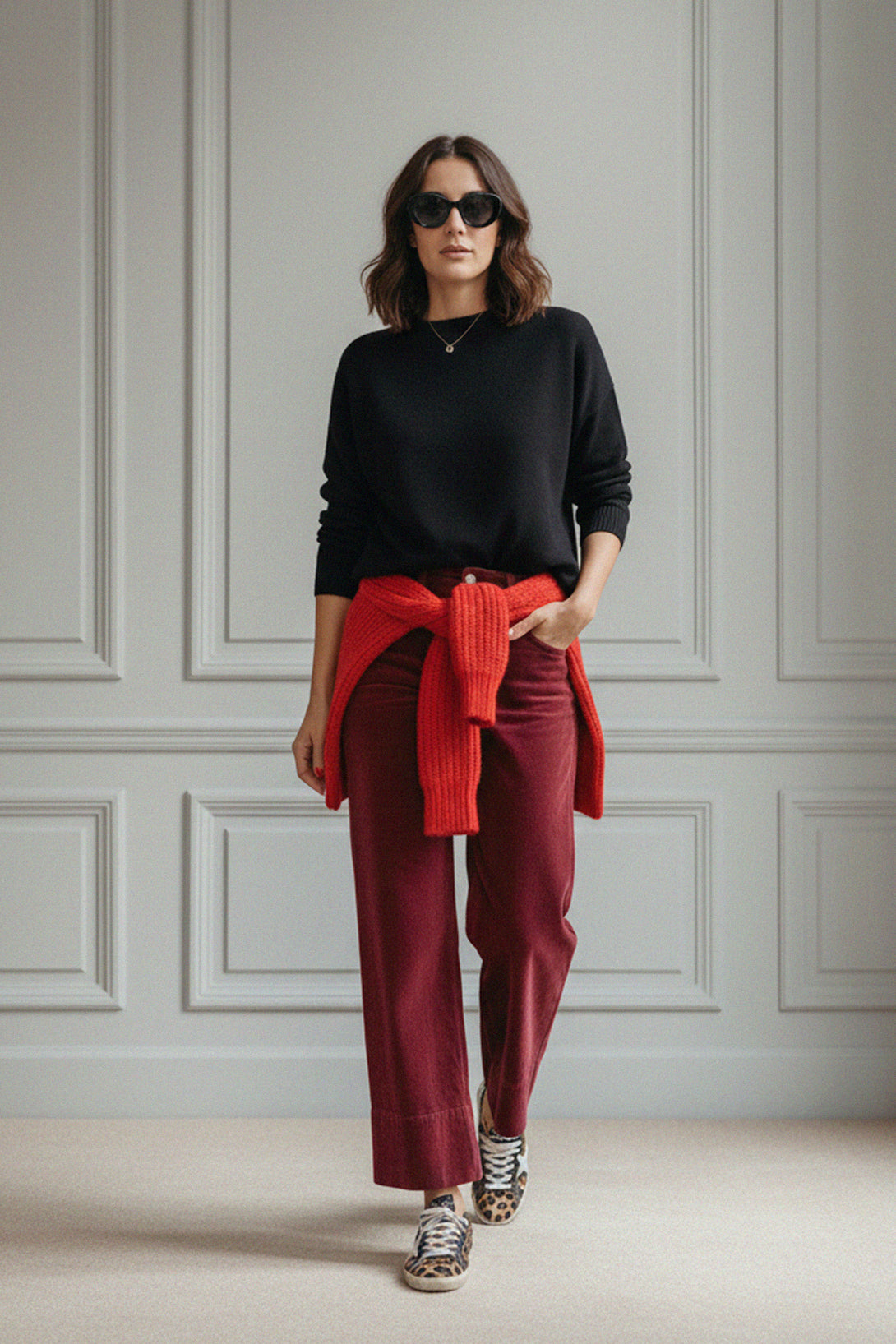 burgundy women’s wide-leg pants outfit, shahida