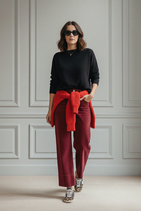 burgundy women’s wide-leg pants outfit, shahida