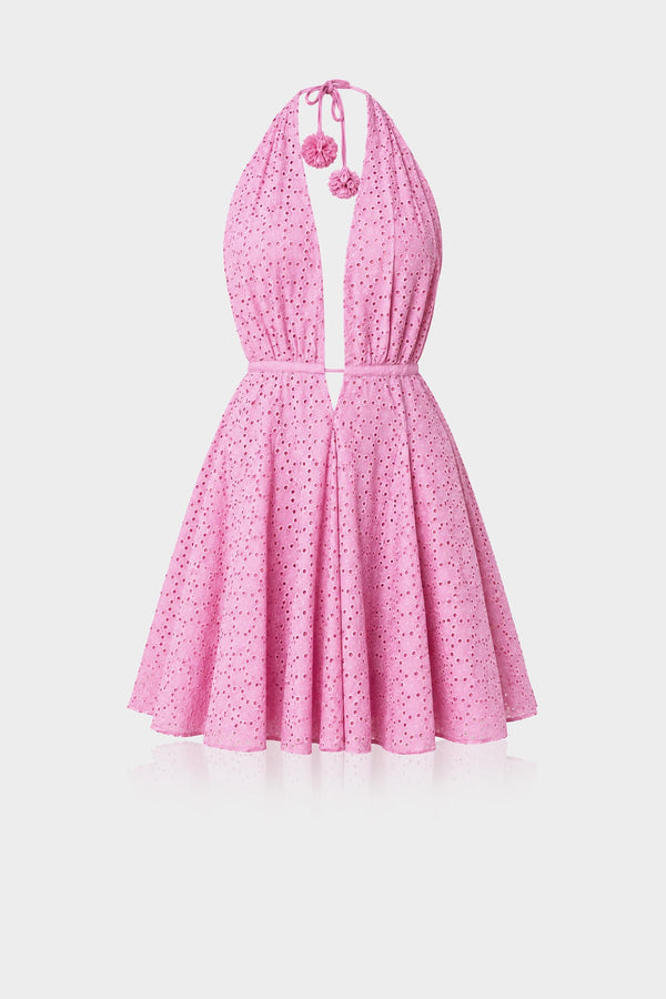 eyelet halter dress Medium Pink Mini Functional Details Size:2XL USA swatches-houser-mini-dress modest junior bridesmaid dress,