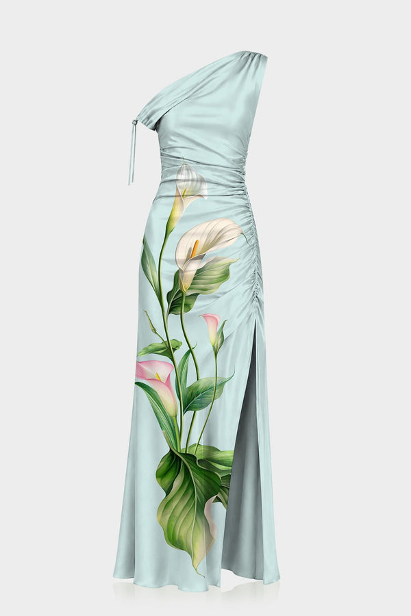 S Designer Mint Floral One Shoulder Satin Dress