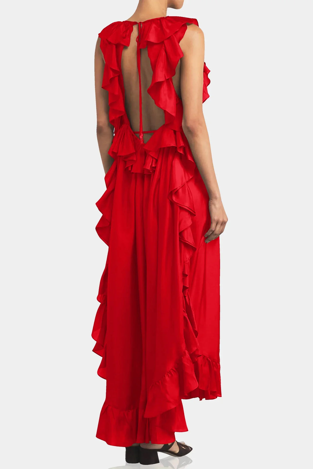 Small Draped Ruffled Crepe de Chine Midi Dress