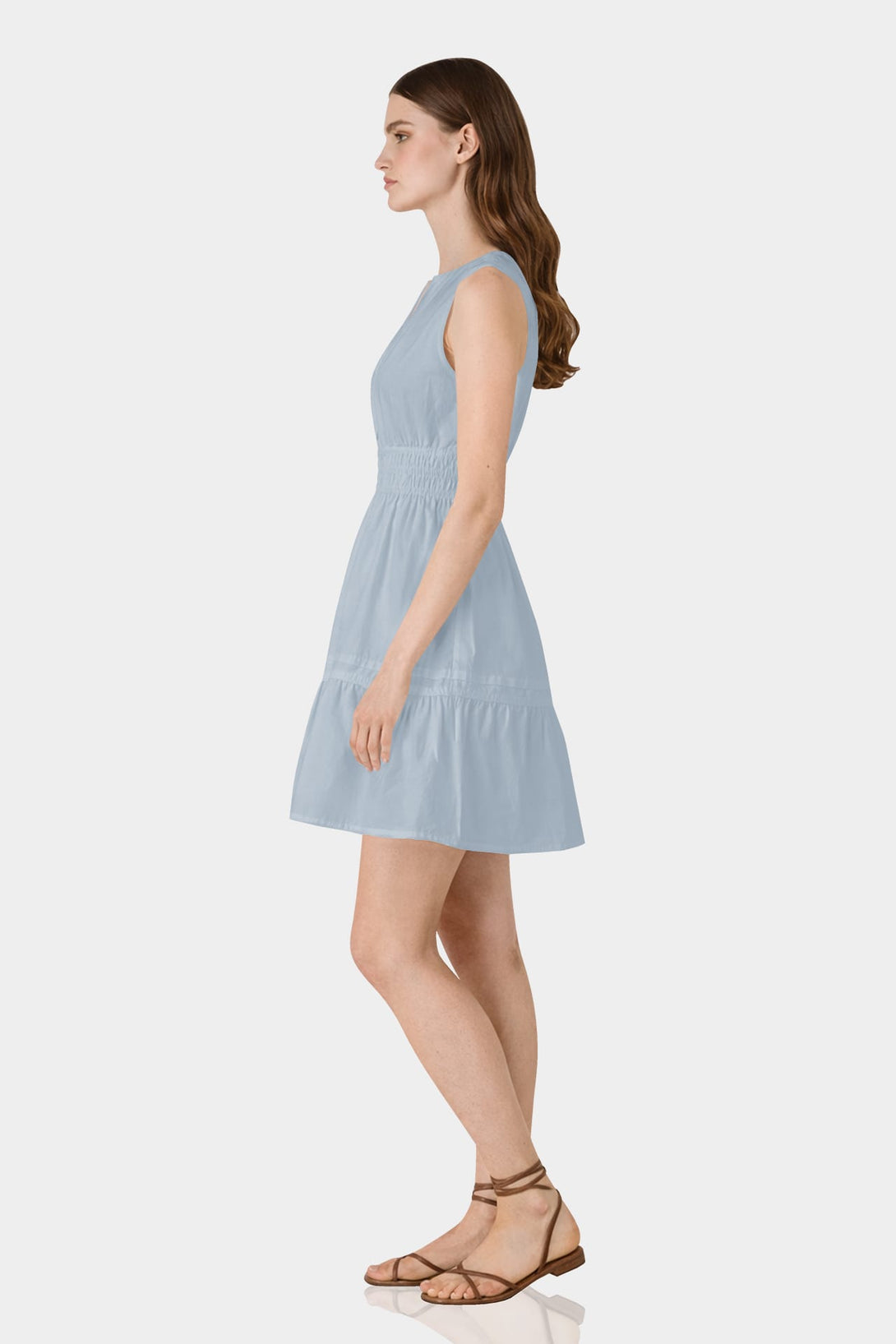 S Dusty Blue Sleeveless Smocked Waist Cotton Mini Dress – Brunch Date Dress