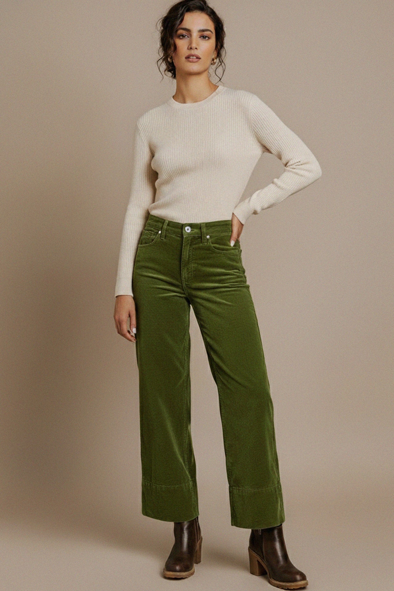 Corduroy trousers with cream knit sweater casual business casual outfit