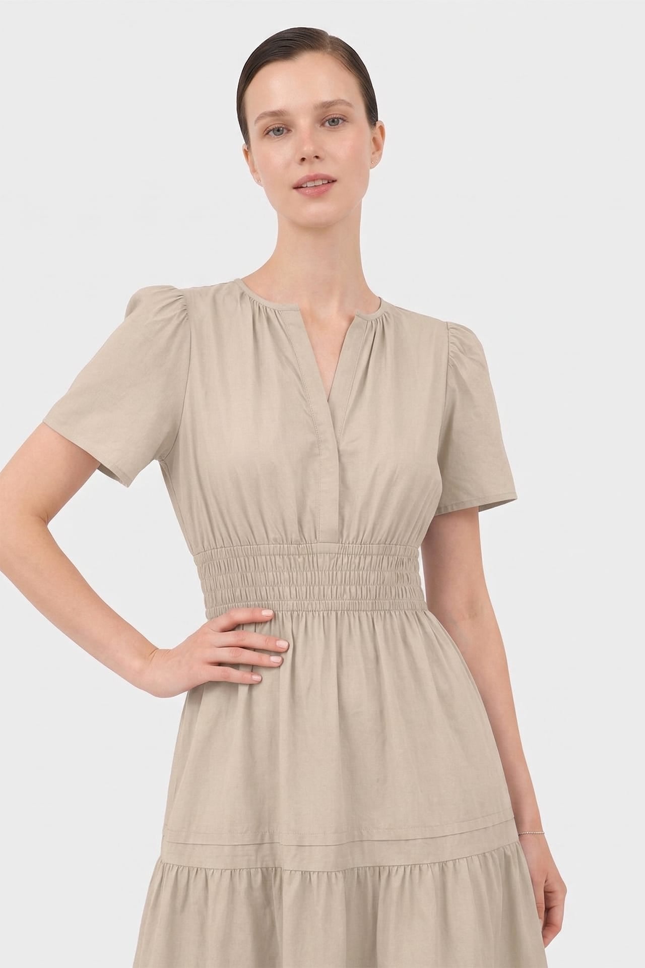 Standard / S Taupe Smocked Waist Tiered Cotton Midi Dress for Women – Cotton Summer Dress