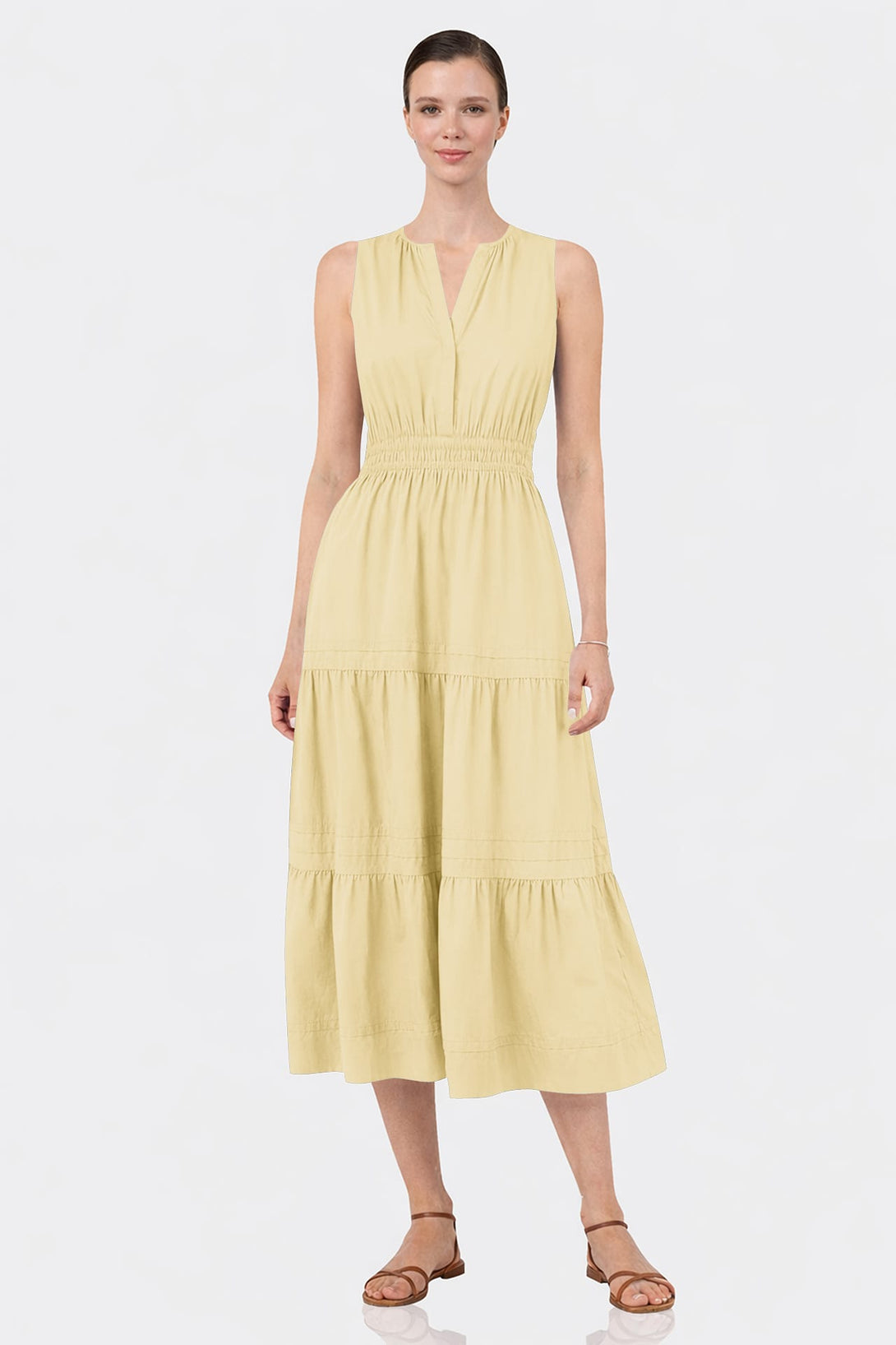 S Champagne Sleeveless Cotton Poplin Midi Dress – Smocked Waist Work Dress