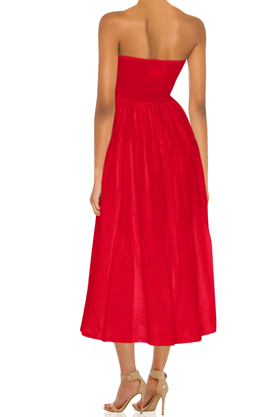red strapless midi dress S Designer Fit & Flare Tube Red Dress