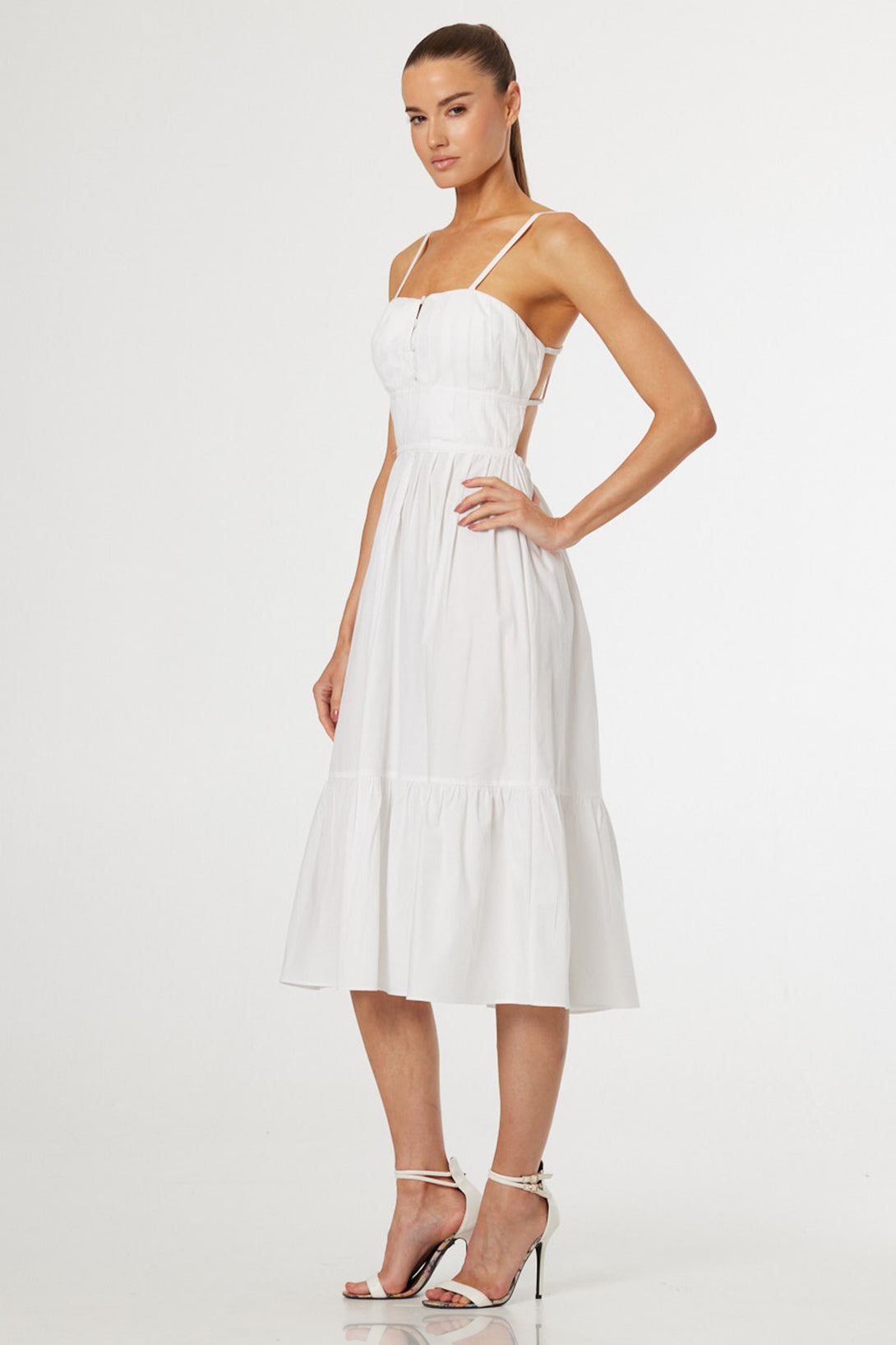 S Luxury White Cotton Midi Dress with Open Back & Feminine Tiered Silhouette