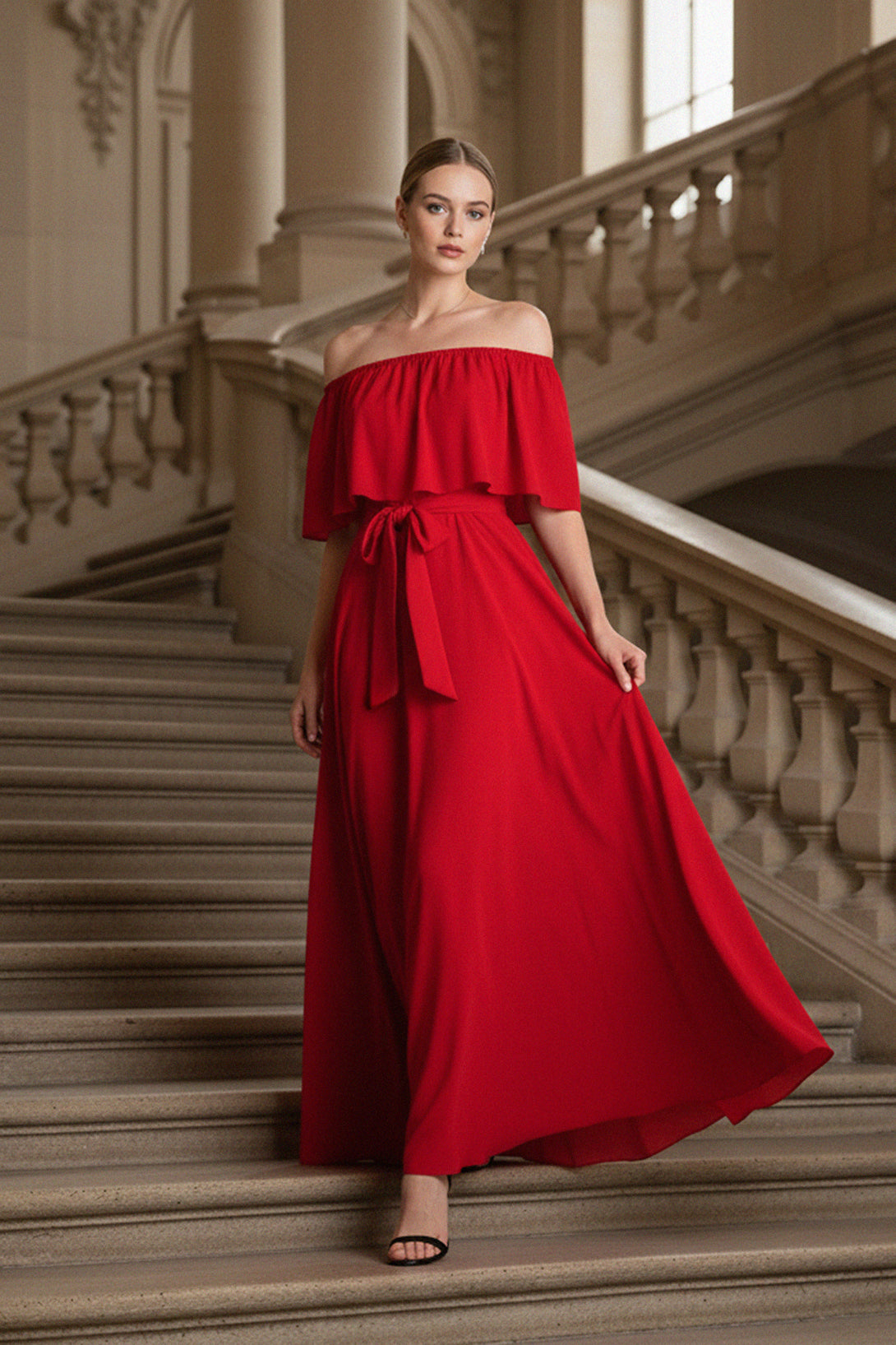 chic style red dress, elegant eventwear, stylish red outfit, fashionable red gown, luxury red designer dress, sophisticated women’s fashion, classy red evening gown, modern red fashion look, couture red event dress, glamorous red formal wear