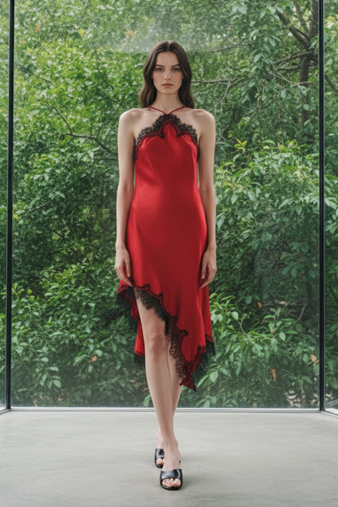 Lace trimmed slip dress,
Midi slip dress with lace trim,
Elegant lace midi dress,
Shahida,