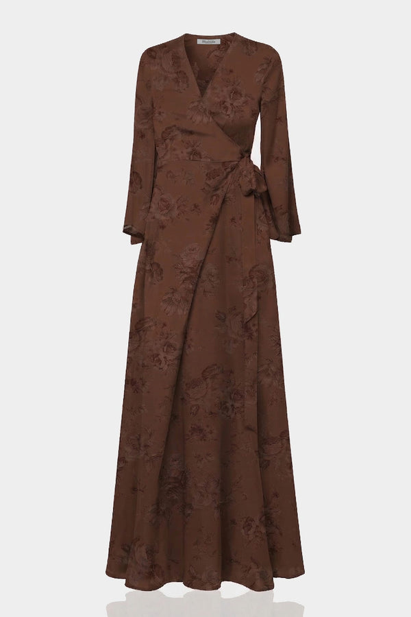 Standard / S Chocolate Floral Satin Wrap Dress for Bridesmaids & Wedding Guests