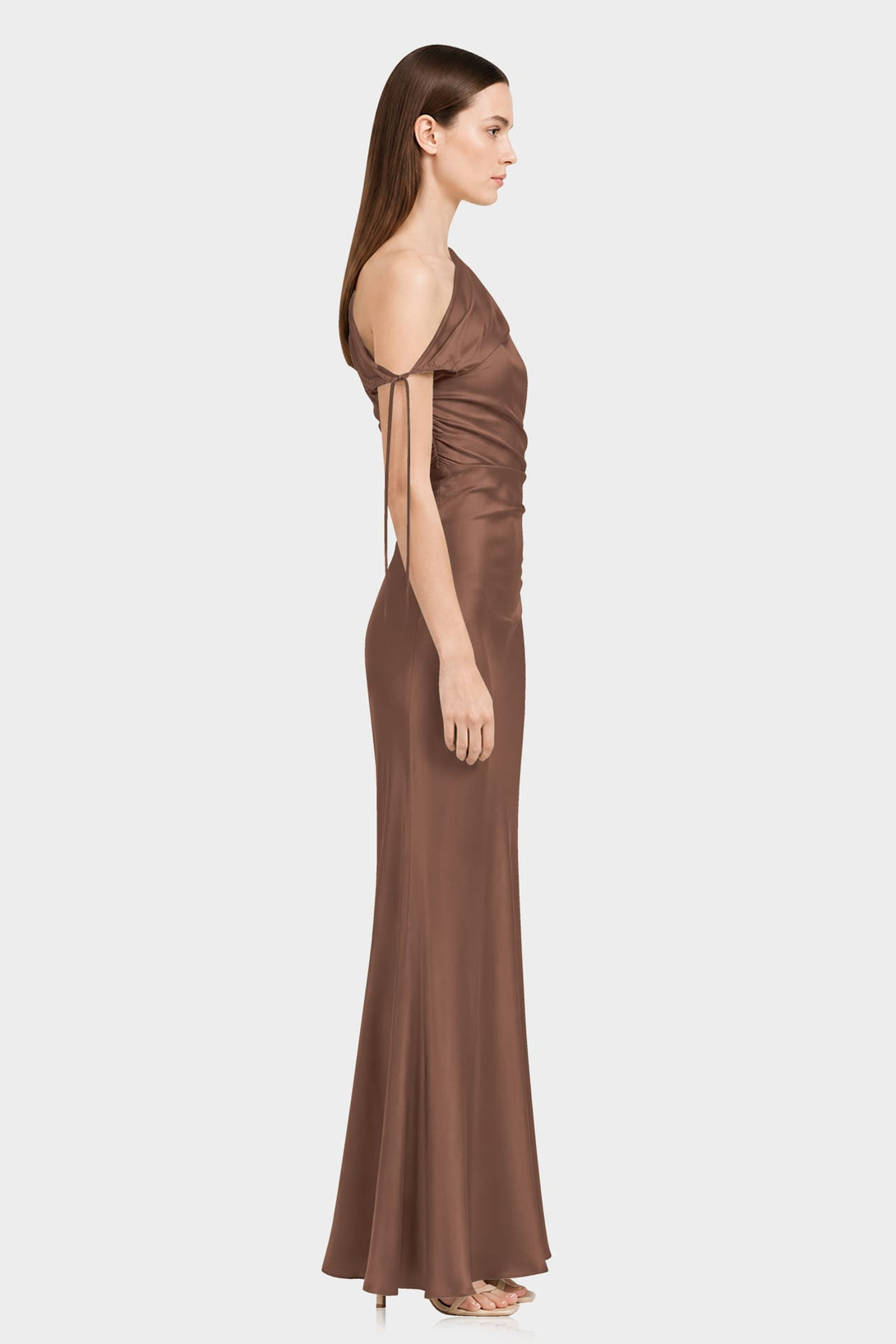 S Designer Chocolate Gathered Asymmetrical Neckline Maxi Occasion Dress