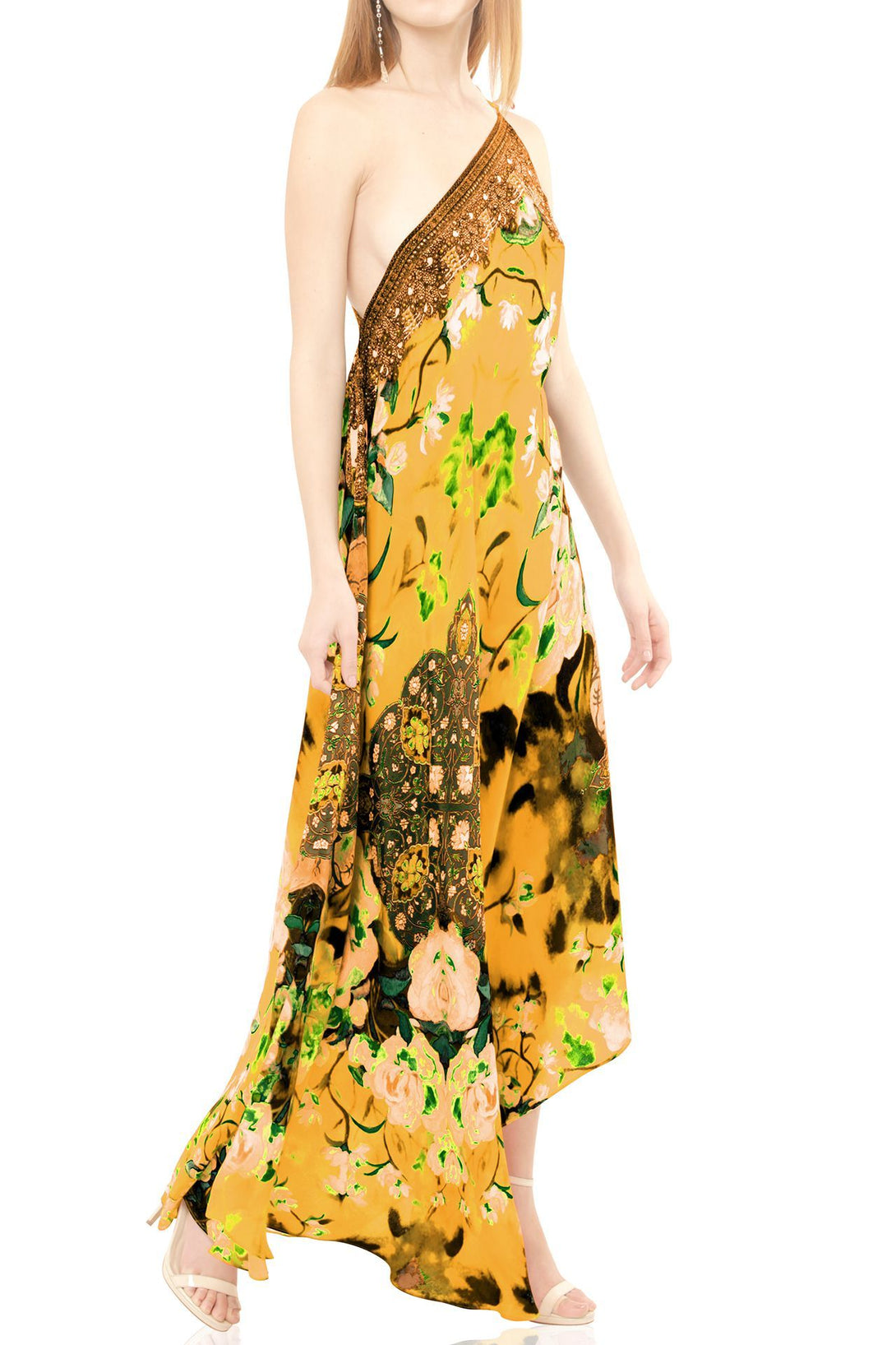  yellow maxi floral dress, formal dresses for women, Shahida Parides, plunging neckline cocktail dress,