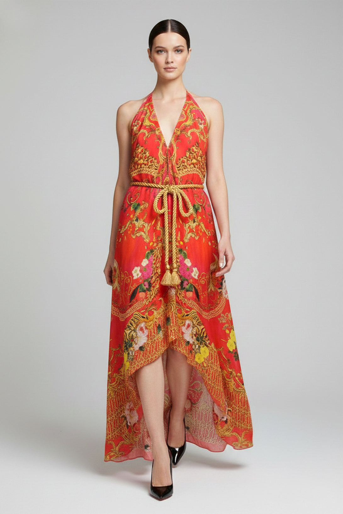 Coral Pink Floral Print Silk Scarf Maxi Dress | Shahida Shahida Parides Coral Pink Floral Print Silk Scarf Maxi Dress | Shahida Shahida Parides