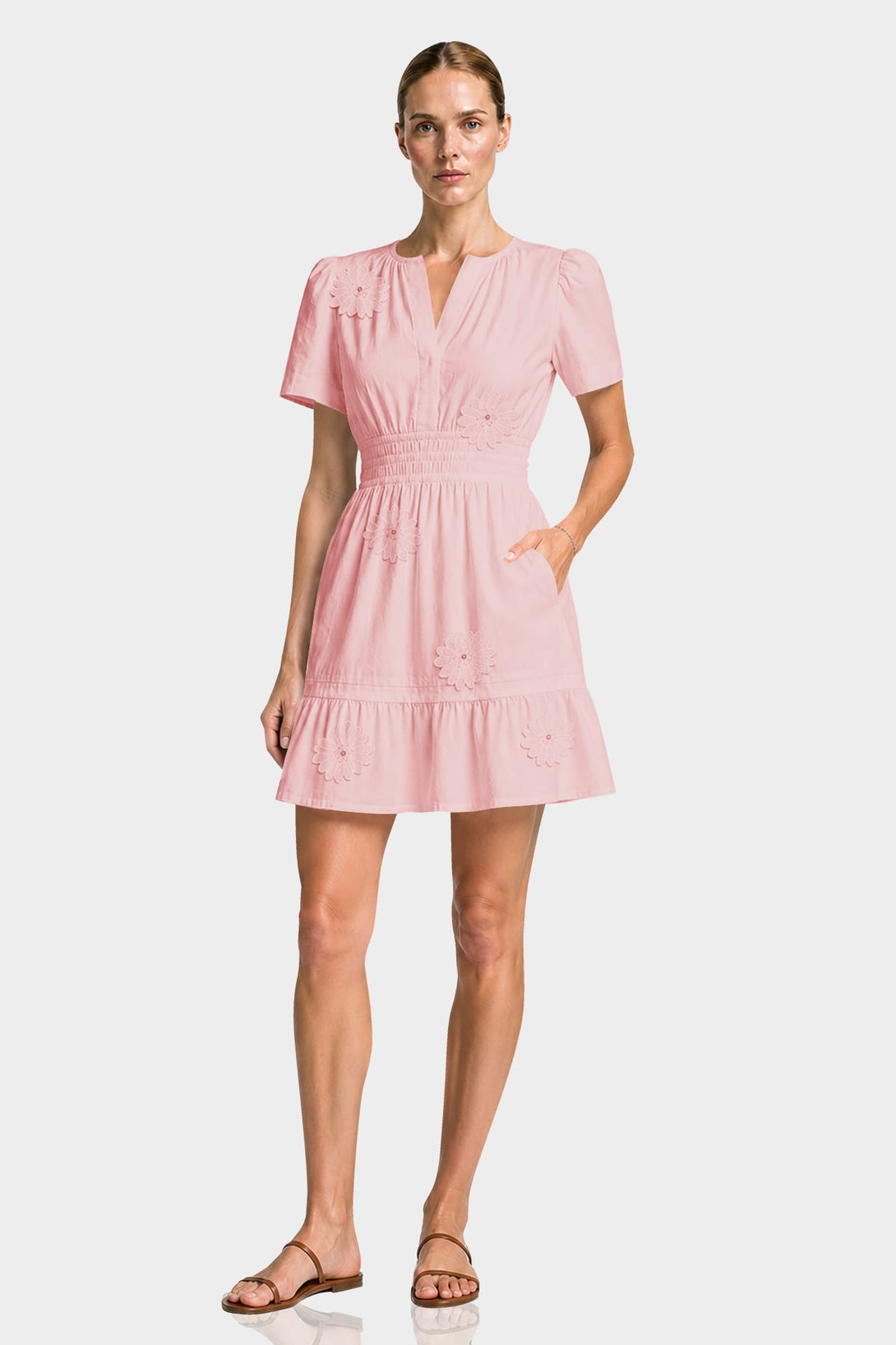 S 3D Floral Appliqué Hand Embroidered Mini Dress with Short Sleeves – Country Club Floral Mini Dress