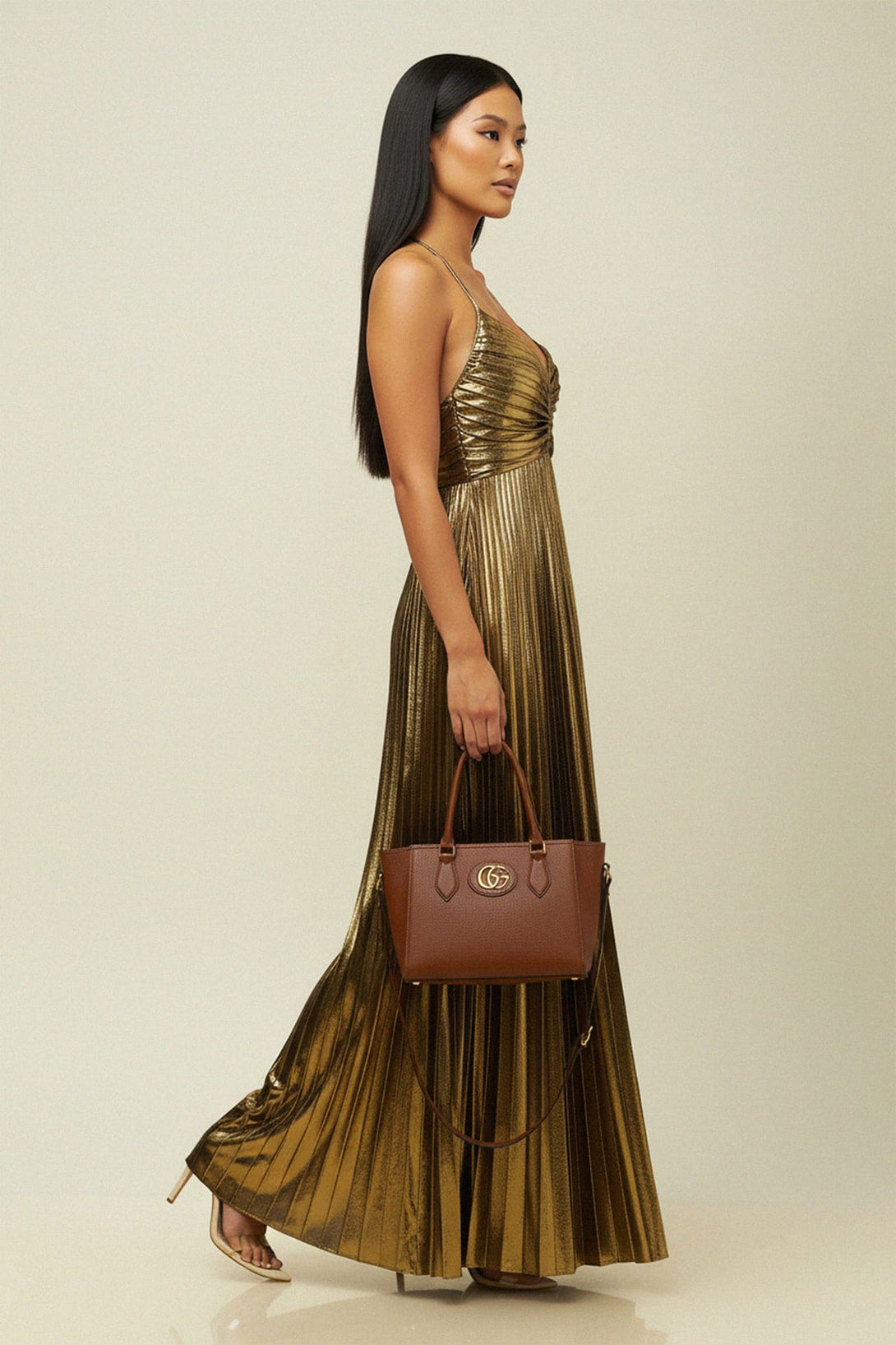 Chic metallic gold long dress styled for holiday parties, Shahida,