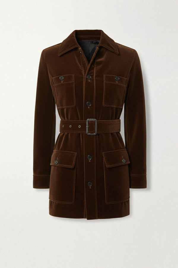 Elegant women’s winter coat with brown velvet fabric, Shahida,