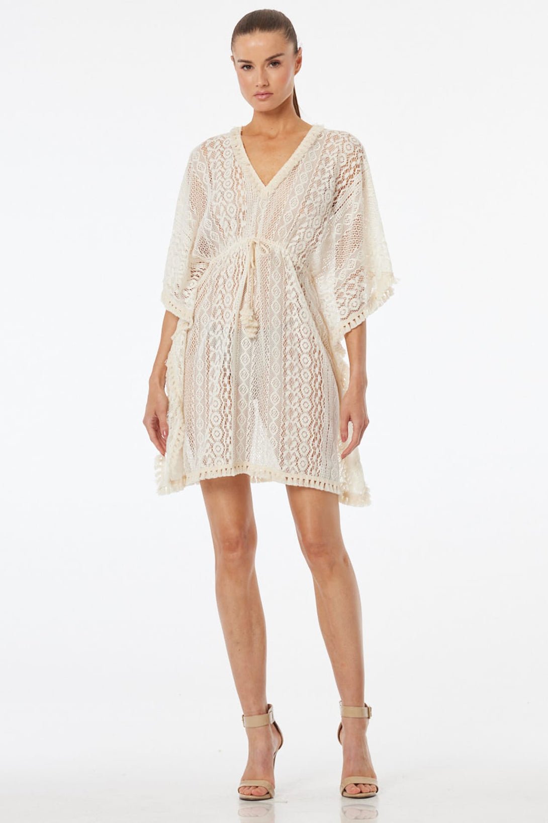 lace dress beach cover up Boho Lace Beach Cover Up Maxi Dress  White Drawstring V-Neck