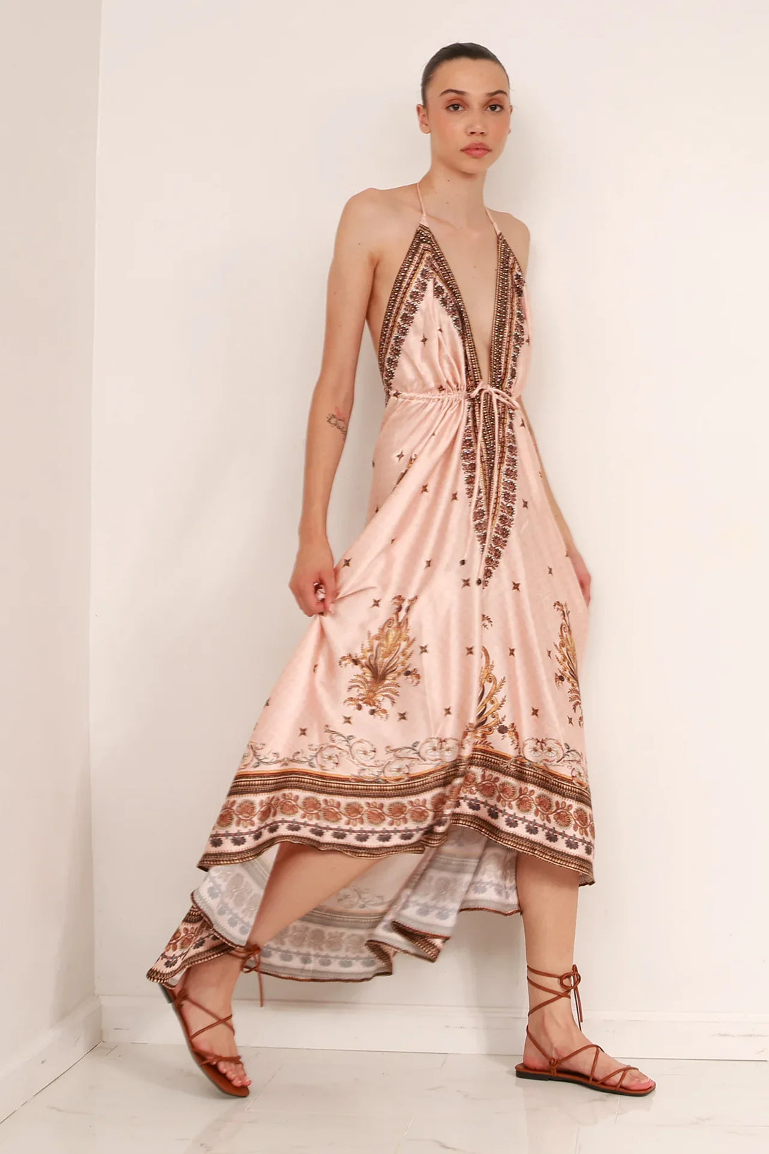 Creme Geometric Silk Scarf Maxi Dress | Shahida Shahida Parides Creme Geometric Silk Scarf Maxi Dress | Shahida Shahida Parides