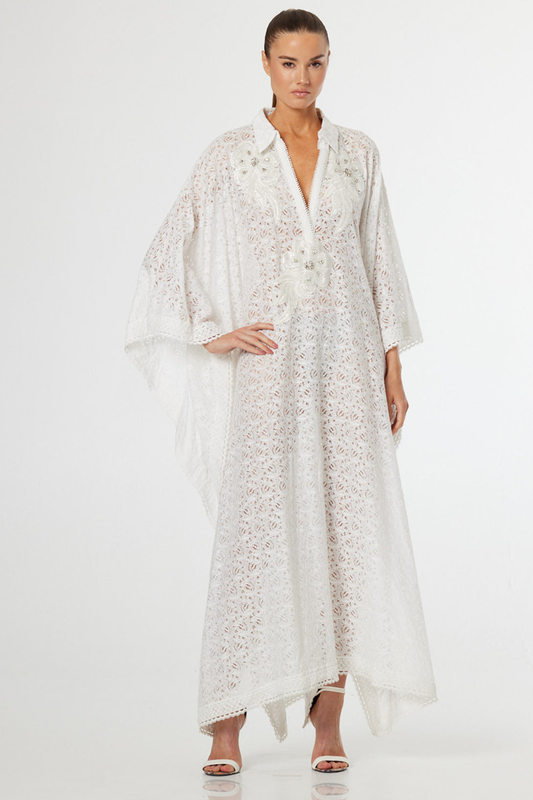 Luxury White Crochet Lace Kaftan Dress for Women – Shahida Parides