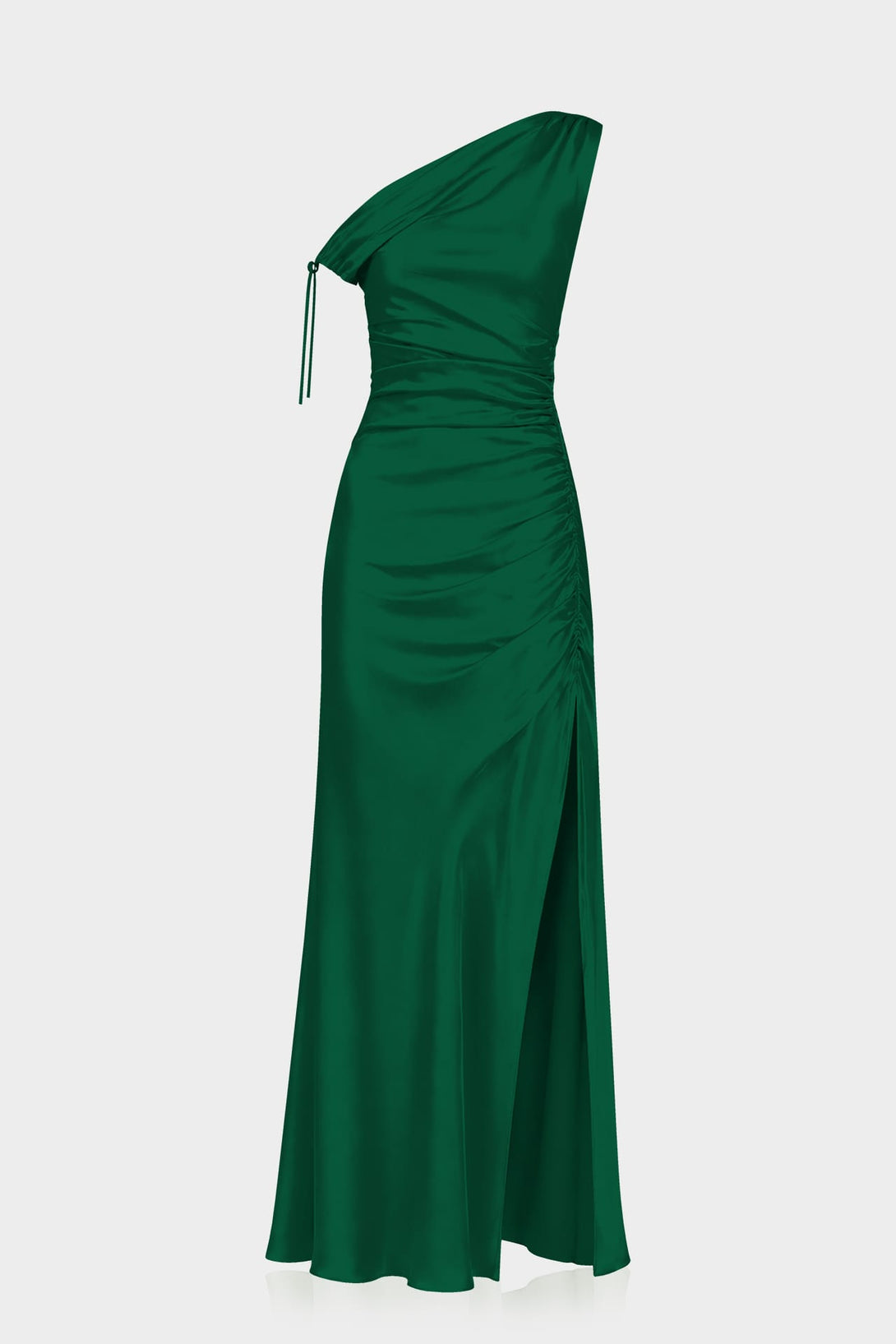 S Dark Green Gathered Stretch Satin Bridesmaid Maxi Dress with Adjustable Shoulder Tie